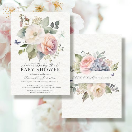 Floral Rose Cottage Garden Bouquet Pink Baby Girl  Invitation