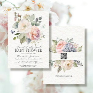 Floral Rose Cottage Garden Bouquet QR Baby Girl Invitation