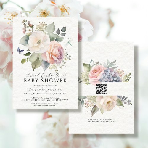 Floral Rose Cottage Garden Bouquet QR Baby Girl  Invitation