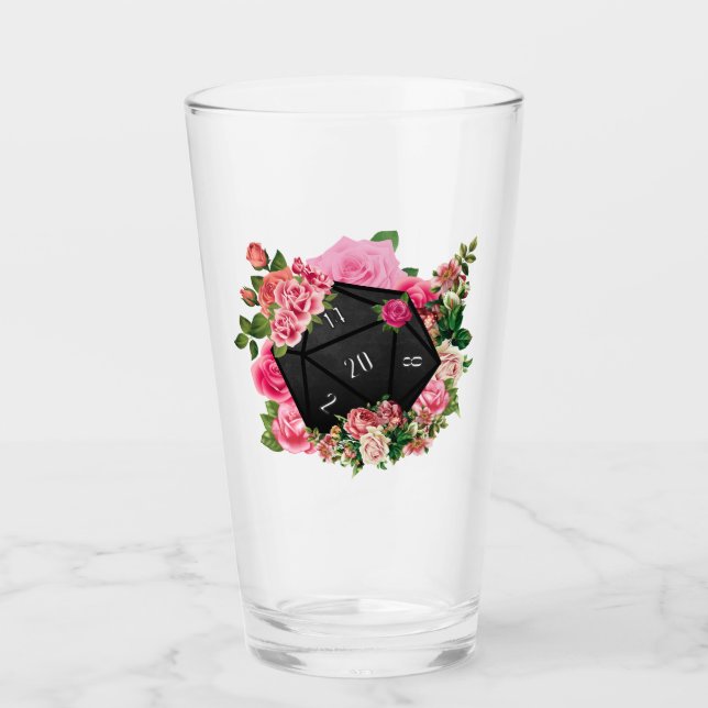 Floral Rose D20 Tabletop RPG Gaming Dice Glass (Front)