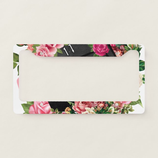 Floral Rose D20 Tabletop RPG Gaming Dice License Plate Frame (Front)