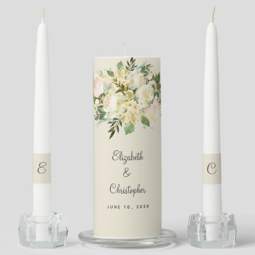 Floral Rose Elegant Bride  Groom Wedding Date Unity Candle Set
