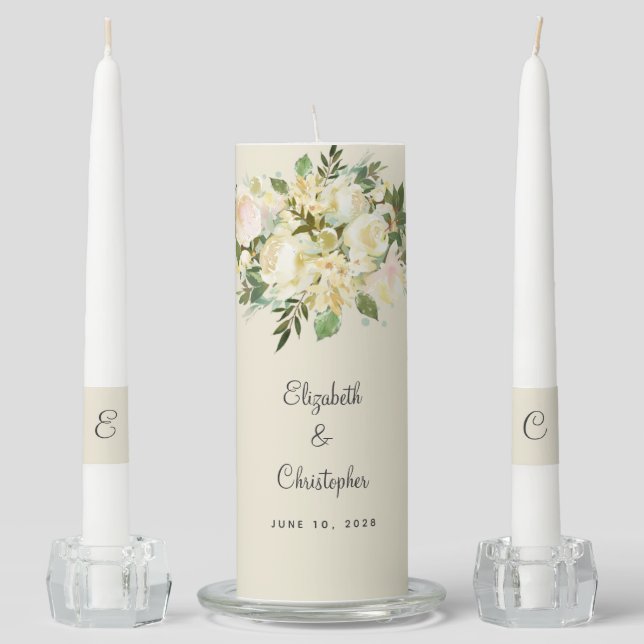 Floral Rose Elegant Bride & Groom Wedding Date Unity Candle Set (Front)
