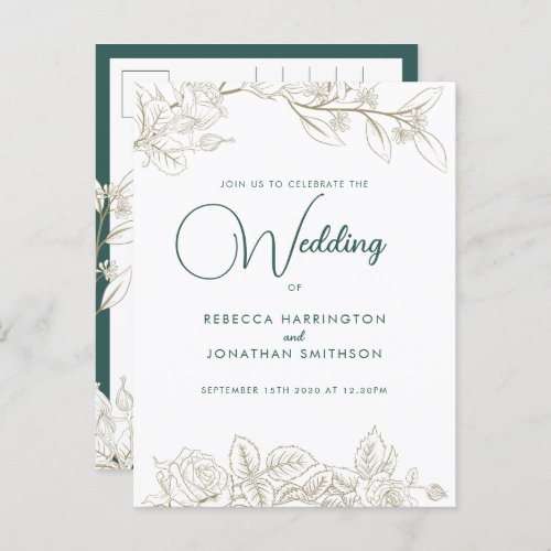 Floral Rose Emerald Green Gold Wedding Invitation Postcard