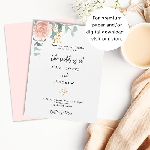 Floral rose eucalyptus budget wedding invitation