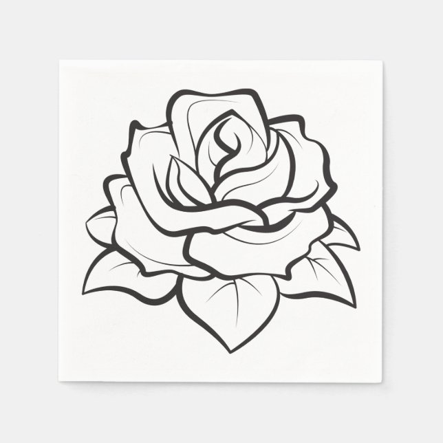 Floral Rose Flower Black and White Wedding Party Paper Napkins (Front)