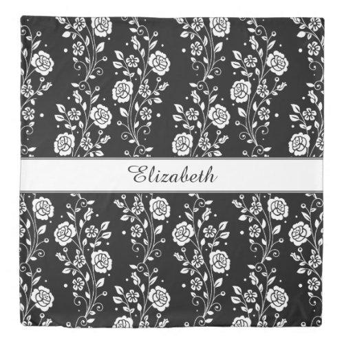 Floral Rose FLowers Pattern Black And White Name Duvet Cover