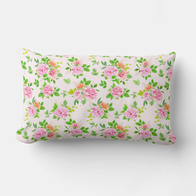 Floral Rose Flowers with Leaves Pattern-23656 Lumbar Pillow (Front)