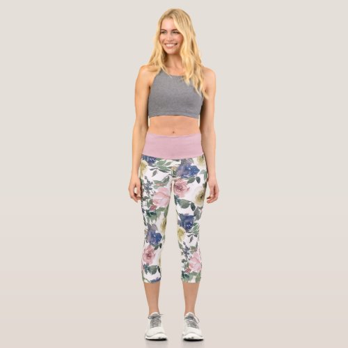 Floral Rose Garden Blue Cream White Champagne Pink Capri Leggings