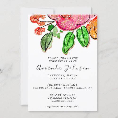 Floral Rose Glitter Bridal Shower Sweet 16th  Invitation
