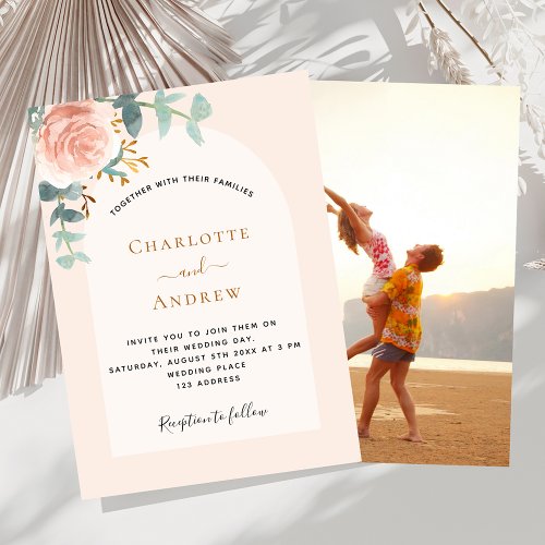 Floral rose gold arch photo luxury wedding invitation