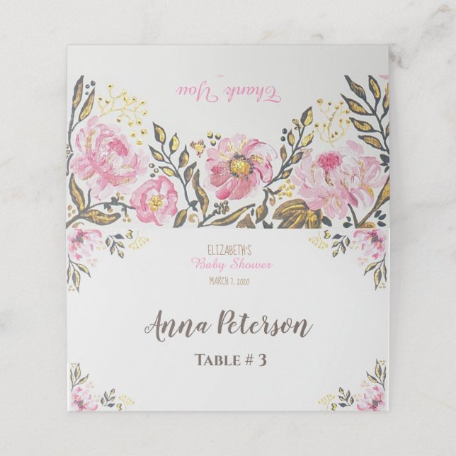Floral Rose Gold Baby Shower Table Place Card (Outside Unfolded)