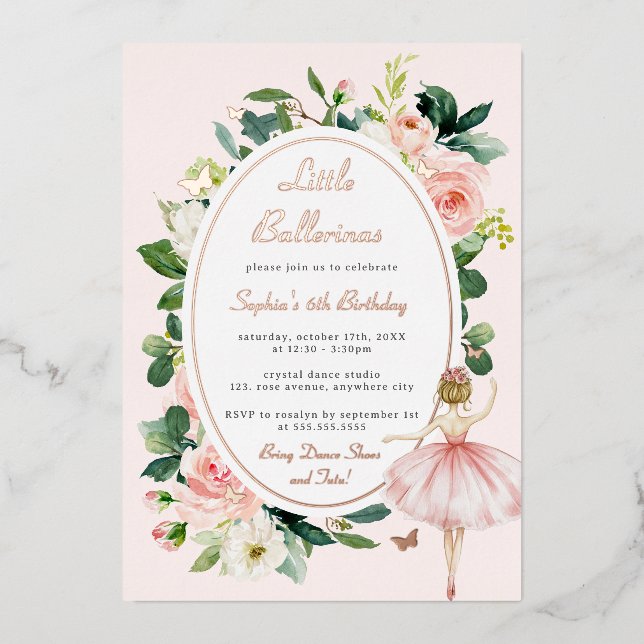 Floral Rose Gold Ballerina Kids Birthday Foil Invitation (Front)