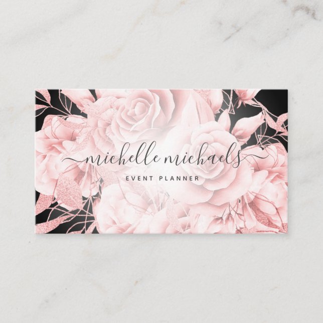 Floral Rose Gold Black Modern Script Business Card (Front)