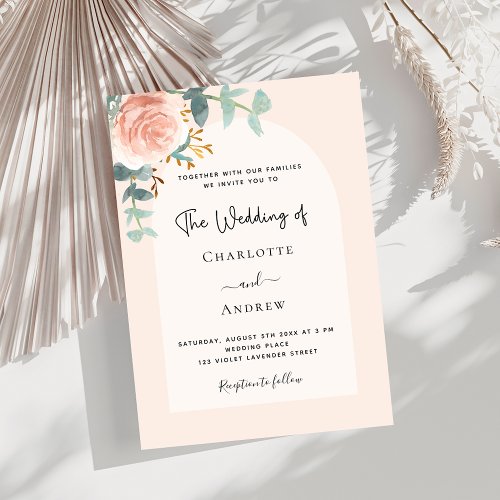 Floral rose gold blush arch luxury wedding invitation
