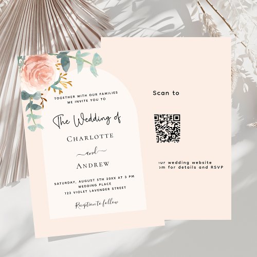 Floral rose gold blush arch QR code RSVP wedding Invitation