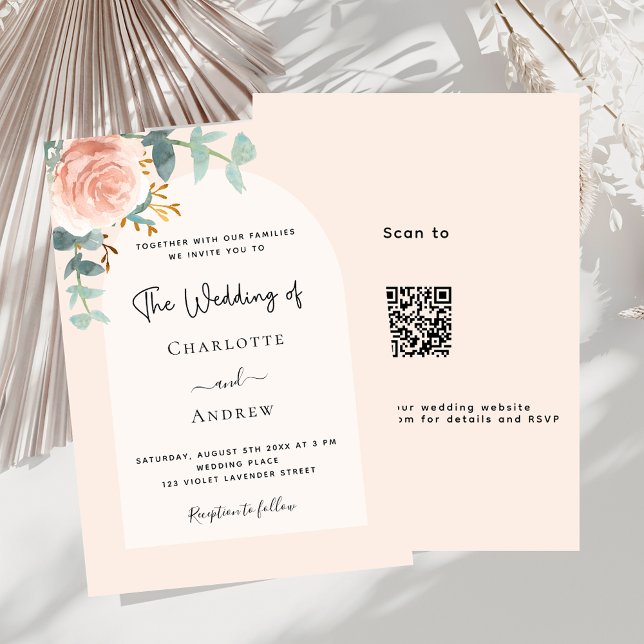 Floral rose gold blush arch QR code RSVP wedding Invitation (Creator Uploaded)