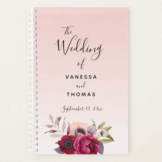 Floral rose gold blush burgundy wedding planner (Front)