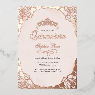 Floral Rose Gold Blush Crown Quinceanera Foil Invitation