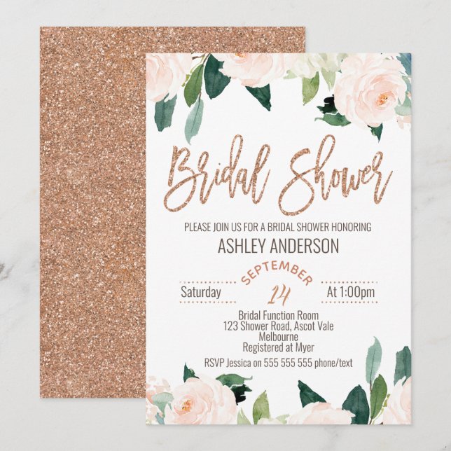 Floral Rose Gold Bridal Shower Invitation (Front/Back)