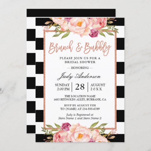 Floral Rose Gold Brunch and Bubbly Bridal Shower Invitation