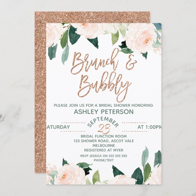 Floral Rose Gold Brunch Bubbly Bridal Invitation