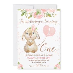 Floral Rose Gold Bunny 1st Birthday Invitation