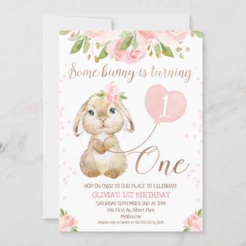 Floral Rose Gold Bunny 1st Birthday Invitation