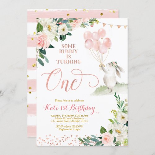 Floral Rose Gold Bunny Birthday Invitation