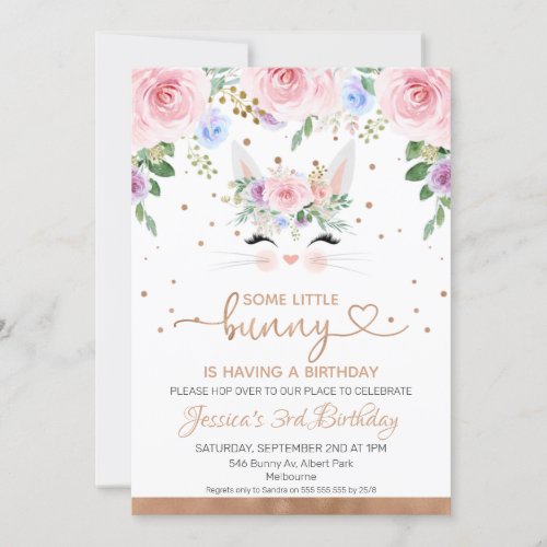 Floral Rose Gold Bunny Birthday Invitation