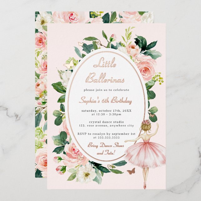Floral Rose Gold Butterfly Ballerina Kids Birthday Foil Invitation (Front/Back)