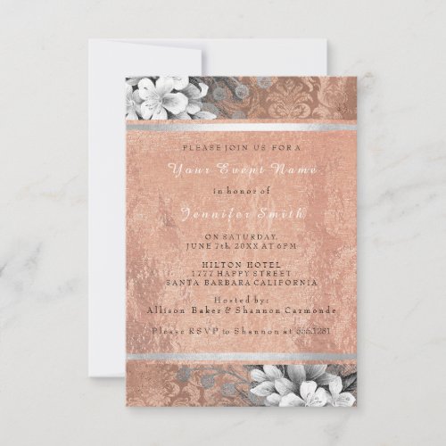 Floral Rose Gold Copper Gray Damask Bridal 16th Invitation