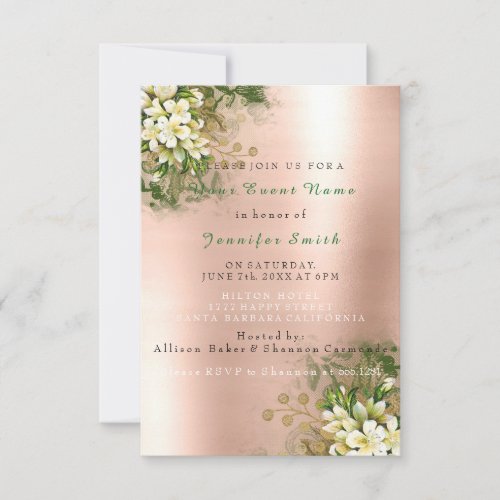 Floral Rose Gold Copper Metallic Blush Pearly Mint Invitation