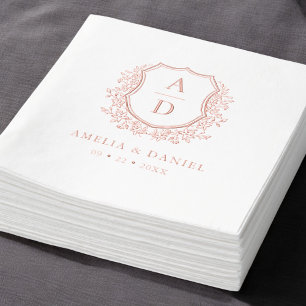 Floral Rose Gold Crest Wedding Monogram Foil Napkins