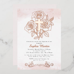 Floral Rose Gold Cross Girl Pink Baptism  Foil Invitation