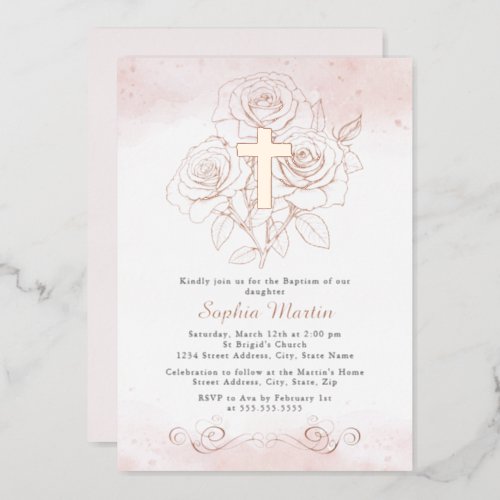 Floral Rose Gold Cross Girl Pink Baptism  Foil Invitation