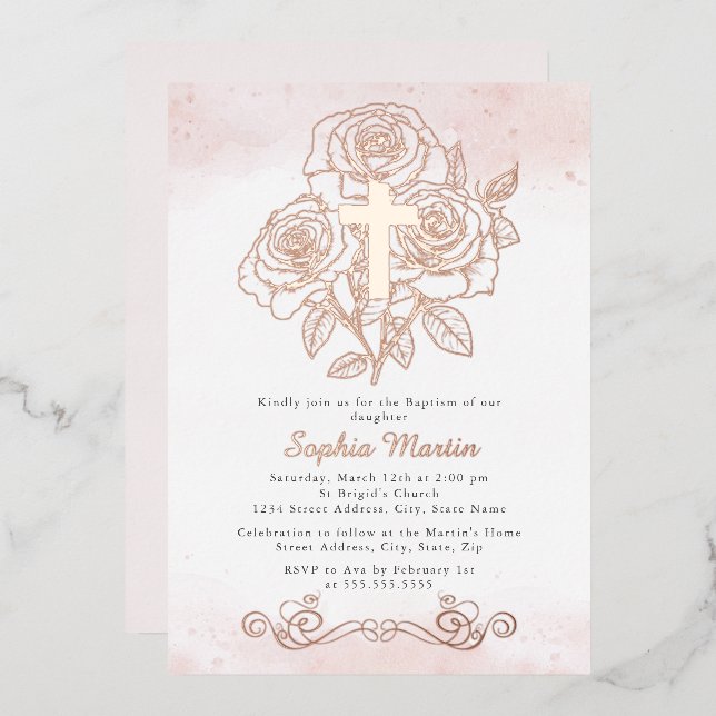 Floral Rose Gold Cross Girl Pink Baptism  Foil Invitation (Front/Back)