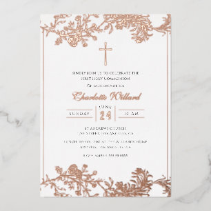 Floral Rose Gold Cross Girls First Communion Foil Foil Invitation