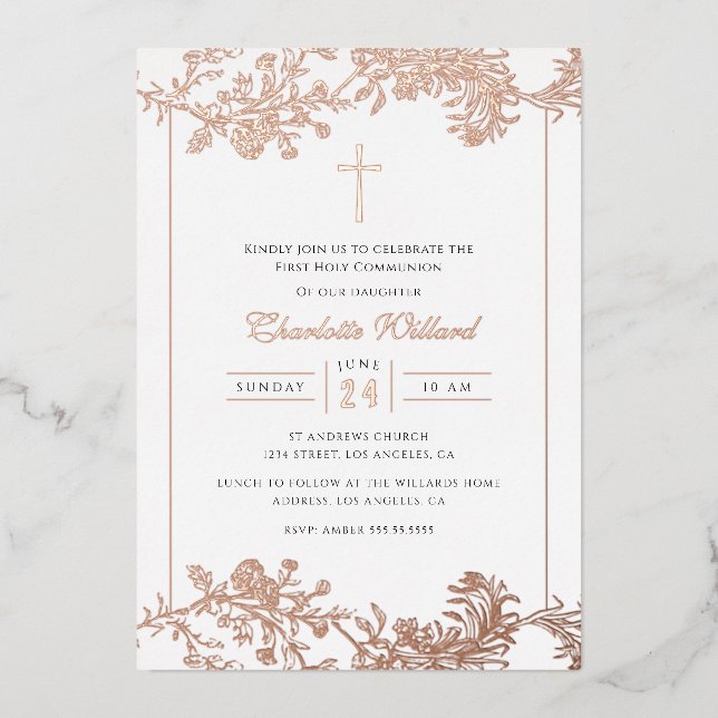Floral Rose Gold Cross Girls First Communion  Foil Foil Invitation (Front)