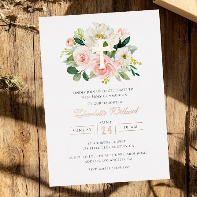 Floral Rose Gold Cross Girls First Communion  Foil Invitation (Creator Uploaded)