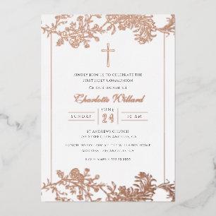 Floral Rose Gold Cross Girls First Communion  Foil Invitation