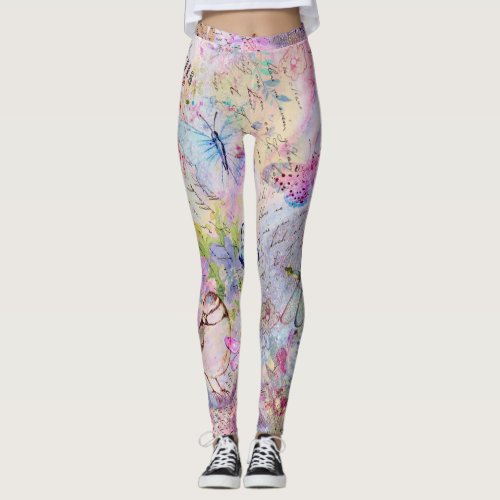 Floral Rose Gold Decoupage Birds Butterfly Script Leggings