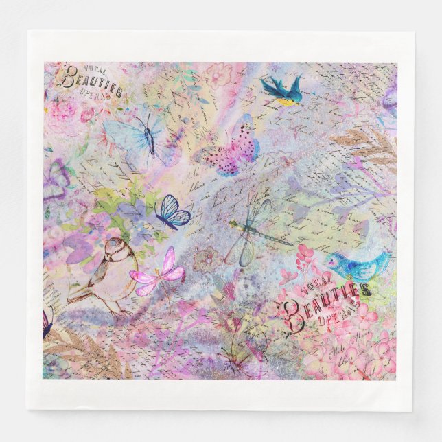 Floral Rose Gold Decoupage Birds Butterfly Script Paper Dinner Napkins (Front)