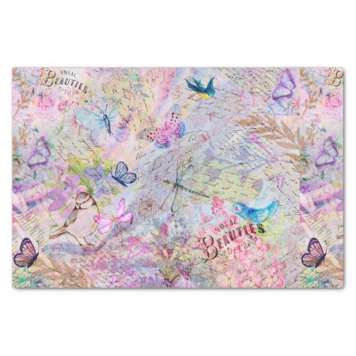 Floral Rose Gold Decoupage Birds Butterfly Script Tissue Paper