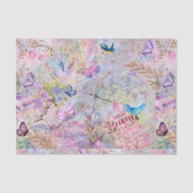 Floral Rose Gold Decoupage Birds Butterfly Script Tissue Paper (Front)