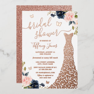 Floral Rose Gold Dress Bridal Shower Foil Invitation