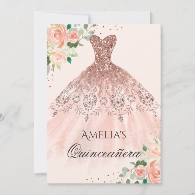 Floral Rose Gold Dress Sparkle Quinceanera Invitation (Front)