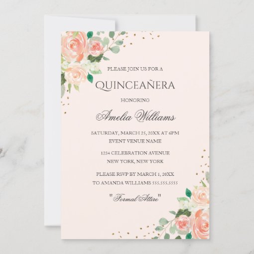 Floral Rose Gold Dress Sparkle Quinceanera Invitation 