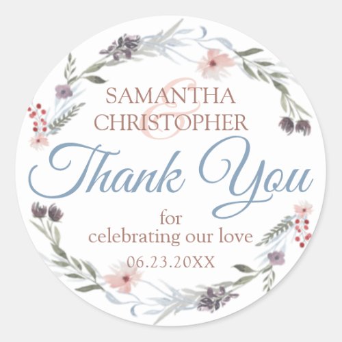 Floral Rose Gold Dusty Blue Wedding Thank You Classic Round Sticker