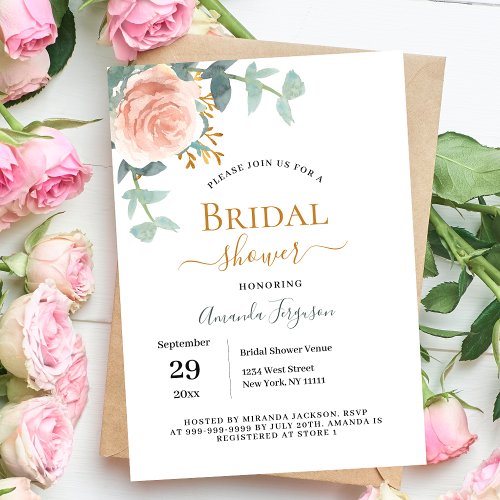 Floral rose gold eucalyptus greenery bridal shower invitation